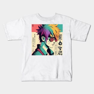 Colorful Hair Japanese Comic Boy with Red Glasses Kids T-Shirt